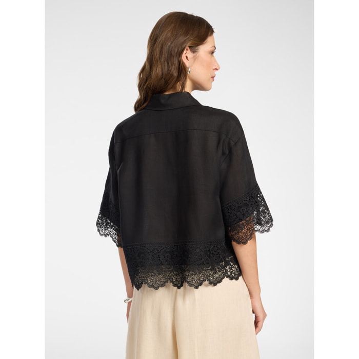 Elena Mirò - Camisa de lino con encaje - Negro
