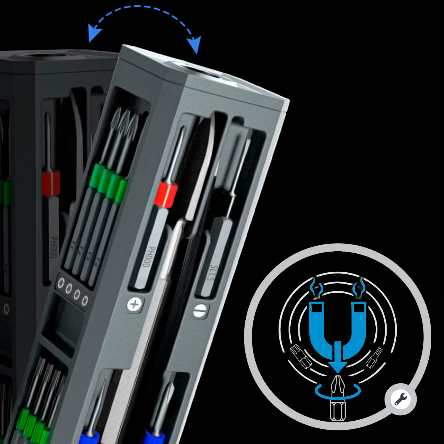Juego de destornillador multifunción 31 en 1 con carcasa de aluminio y puntas de acero magnéticas.