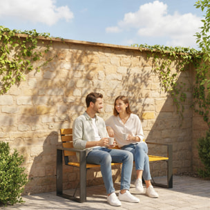 Banco de Jardín Exterior de 2 Plazas, Banco Exterior con Respaldo y Asiento Listonado de Madera, Reposabrazos y Marco de Acero, para Patio, Terraza, 136x54x82 cm, Natural