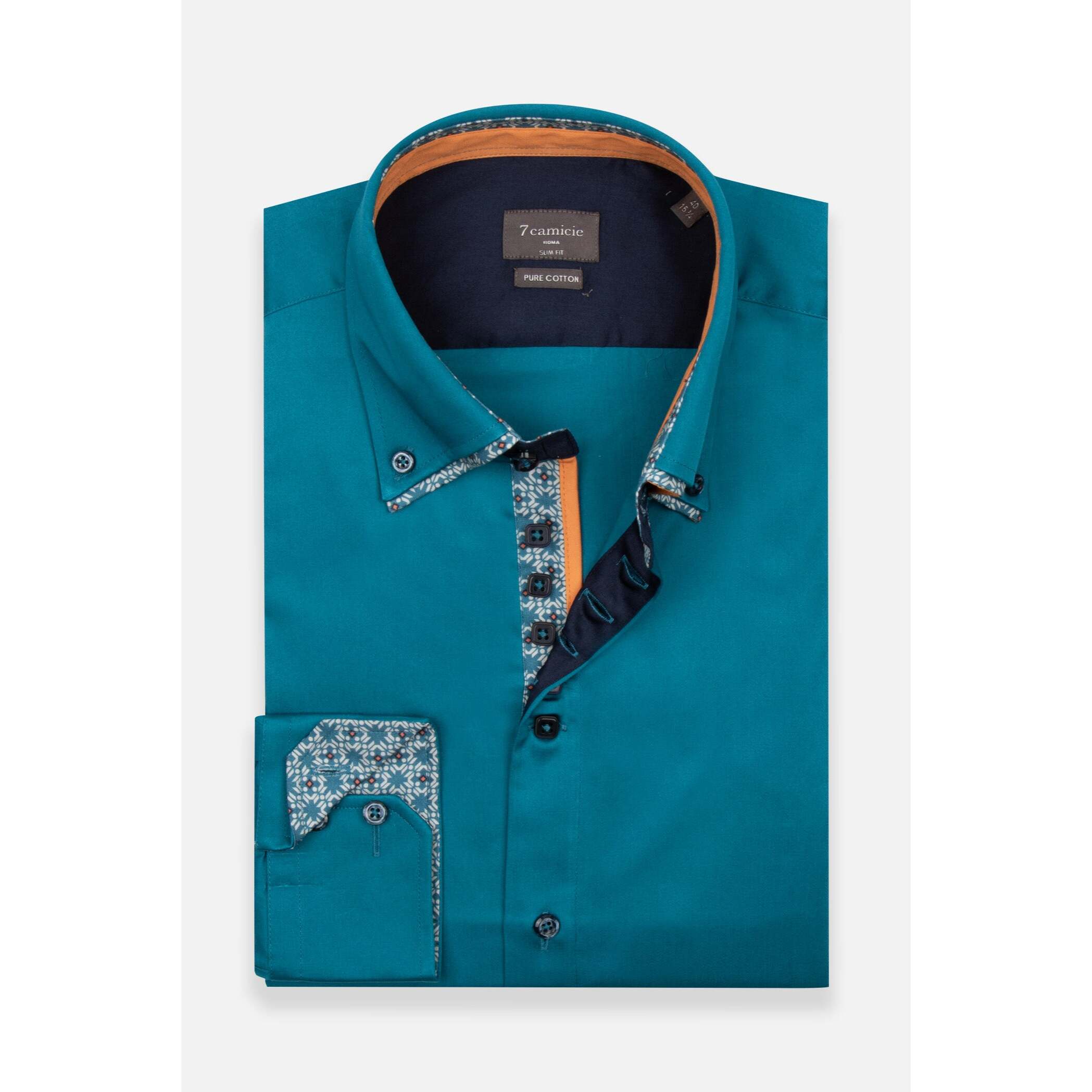 Camicia Uomo 2 Bottoni Button Down 7bottoni Doppio Coll Satin Unito Verde Ottanio