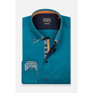 Camicia Uomo 2 Bottoni Button Down 7bottoni Doppio Coll Satin Unito Verde Ottanio