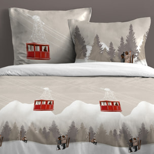 Parure de lit 3 pièces imprimée motif télécabines housse + taies - Naturel