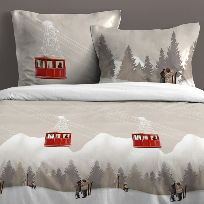 Parure de lit 3 pièces imprimée motif télécabines housse + taies - Naturel