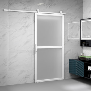 Herrajes para Puertas Correderas 200 cm, Kit de Accesorios para Puerta Corredera con 2 Rieles de Acero al Carbono y Guía de Suelo, para Garaje, Armario, Blanco