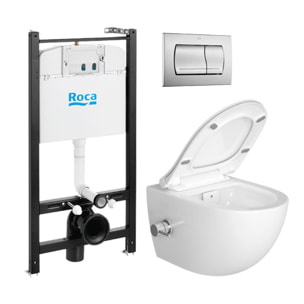 Pack Bâti-support Roca Active + WC sans bride avec fonction bidet thermostatique et fixations invisibles + plaque chrome mat
