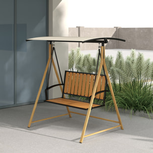 Columpio de Jardín Exterior de 2 Plazas Grano de Madera Balancín de Jardín Exterior con Toldo Ajustable y Estructura de Metal Carga 240 kg 142x112x162 cm Natural y Beige