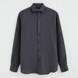 Camicia blu marino in lino regular fit con toppa Polo Club