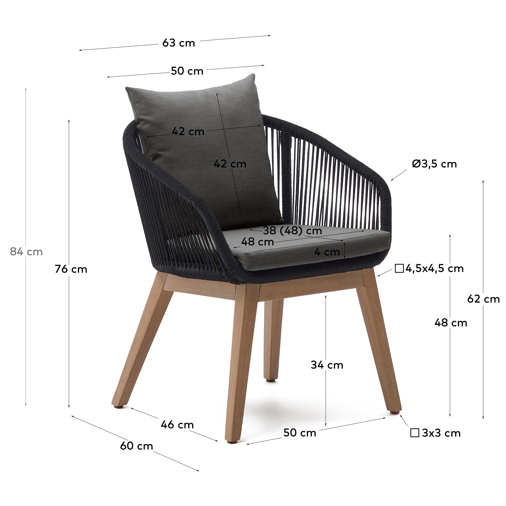 Kave Home - Sedia Portalo in corda nera e gambe in legno massello di acacia