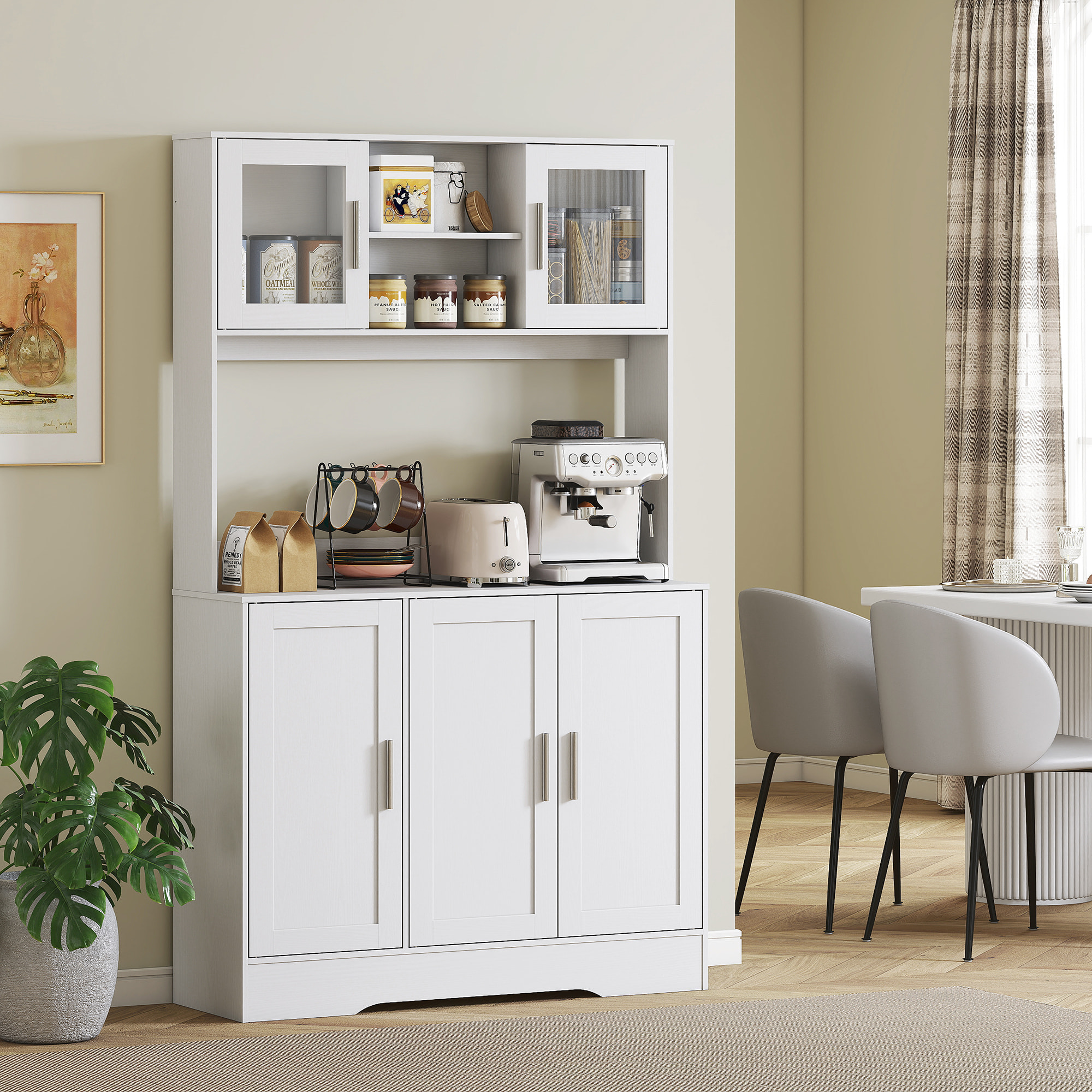 Alacena de Cocina, Mueble Auxiliar de Cocina con 2 Puertas de Vidrio, Encimera Amplia para Microondas, Compartimentos Abiertos, Estantes Ajustables, 108x35x180 cm, Blanco