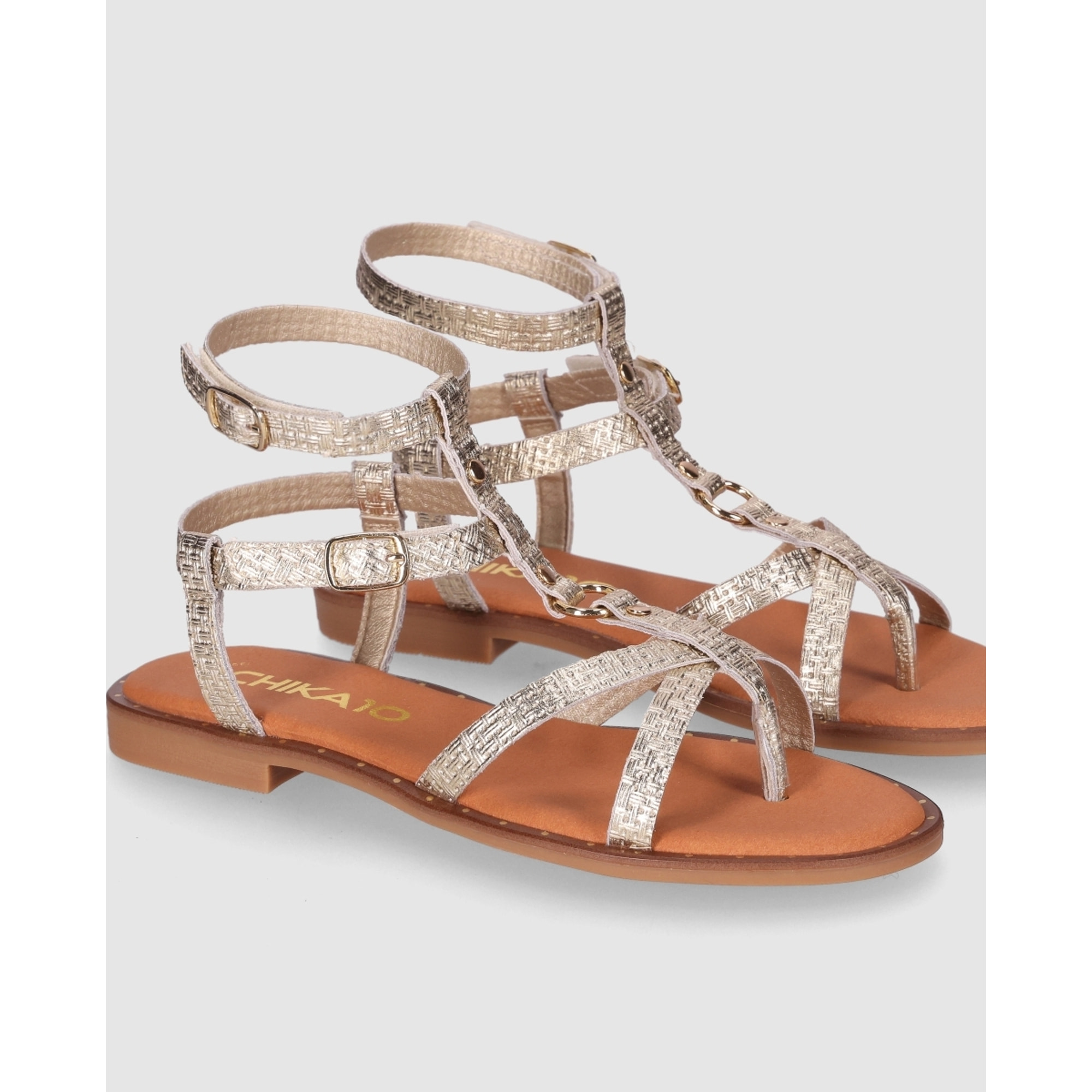 Sandalias de Piel - Oro - Tacón: Bajo