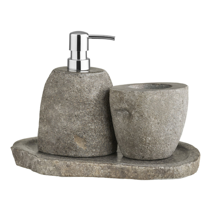 Set bagno Gara in pietra riverstone — dispenser, portaoggetti e vassoio