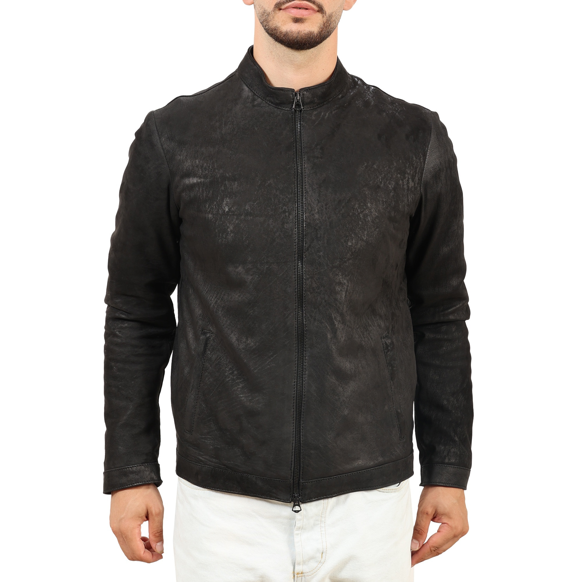 Giubbino in pelle di vitello rifinizione dakota Nero-Slim Fit