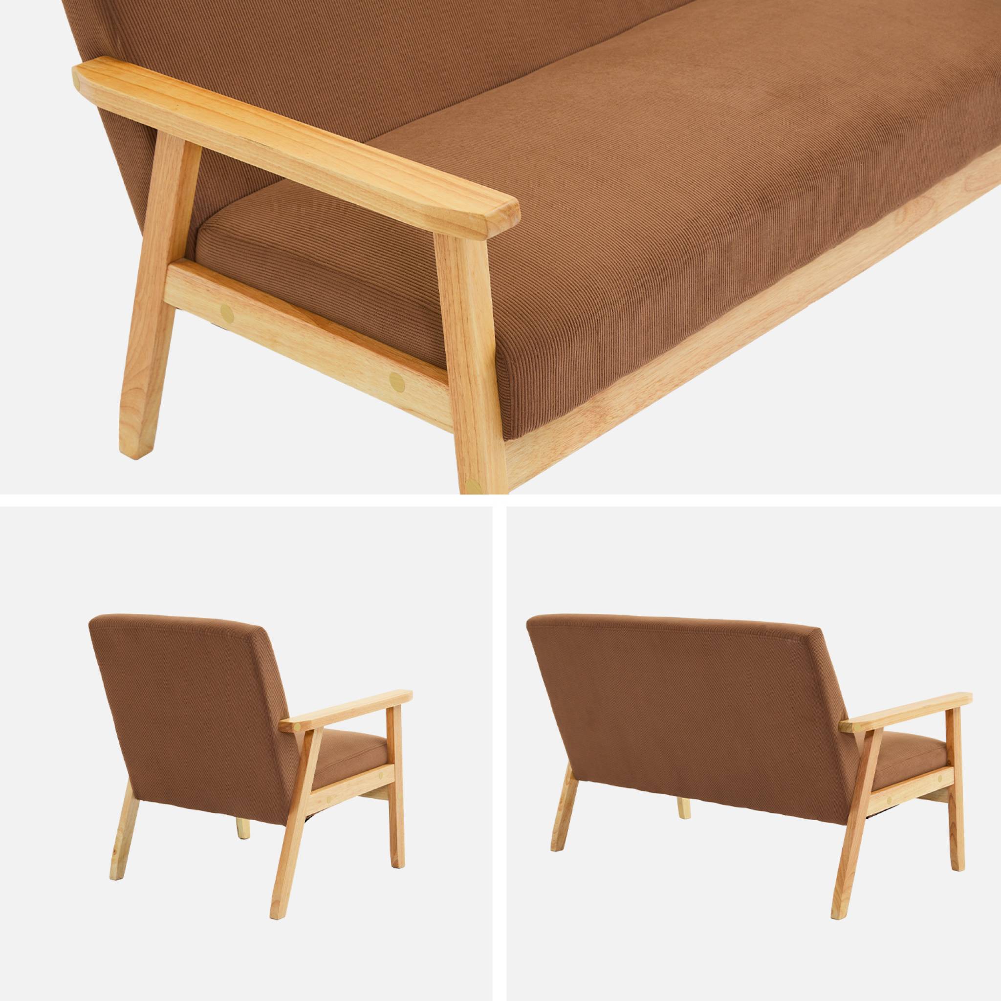 Canapé banquette 2 places + Fauteuil velours côtelé. pieds bois. marron