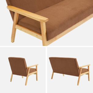 Canapé banquette 2 places + Fauteuil velours côtelé. pieds bois. marron