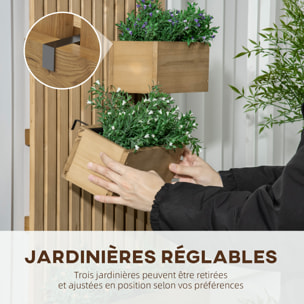 Jardinière murale avec treillis - lot de 3 jardinières murales - dim. 60L x 16l x 80H cm - bois sapin carbonisé