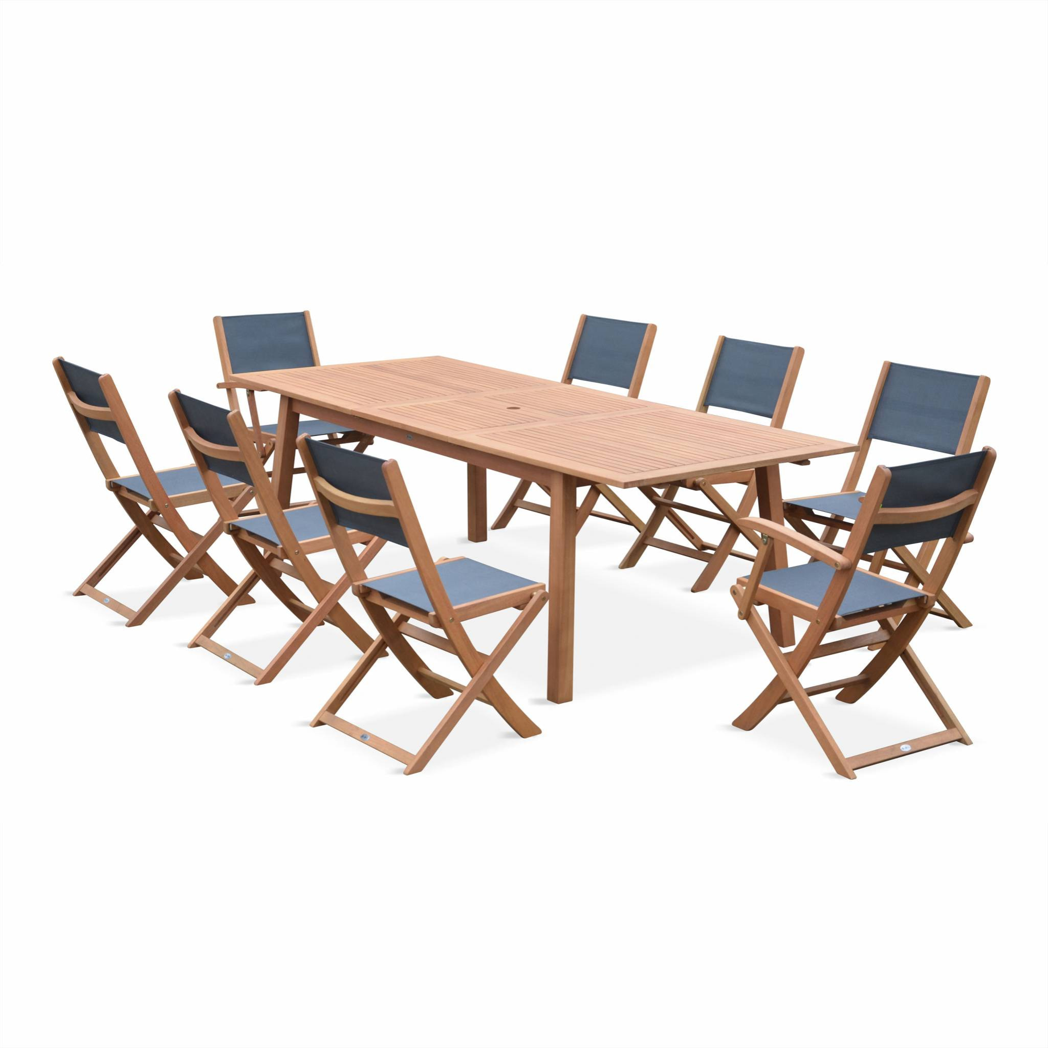Table de jardin extensible bois d'eucalyptus + 8 assises. en bois d'Eucalyptus huilé et textilène gris anthracite