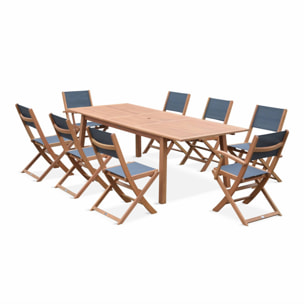 Table de jardin extensible bois d'eucalyptus + 8 assises. en bois d'Eucalyptus huilé et textilène gris anthracite
