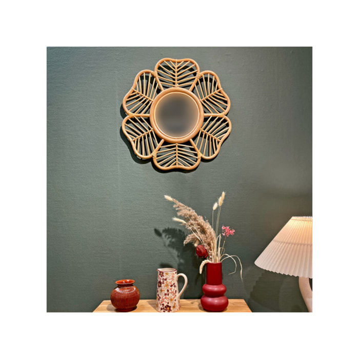 Miroir mural fleur D. 62 cm rond en rotin naturel tressé - MAGUI