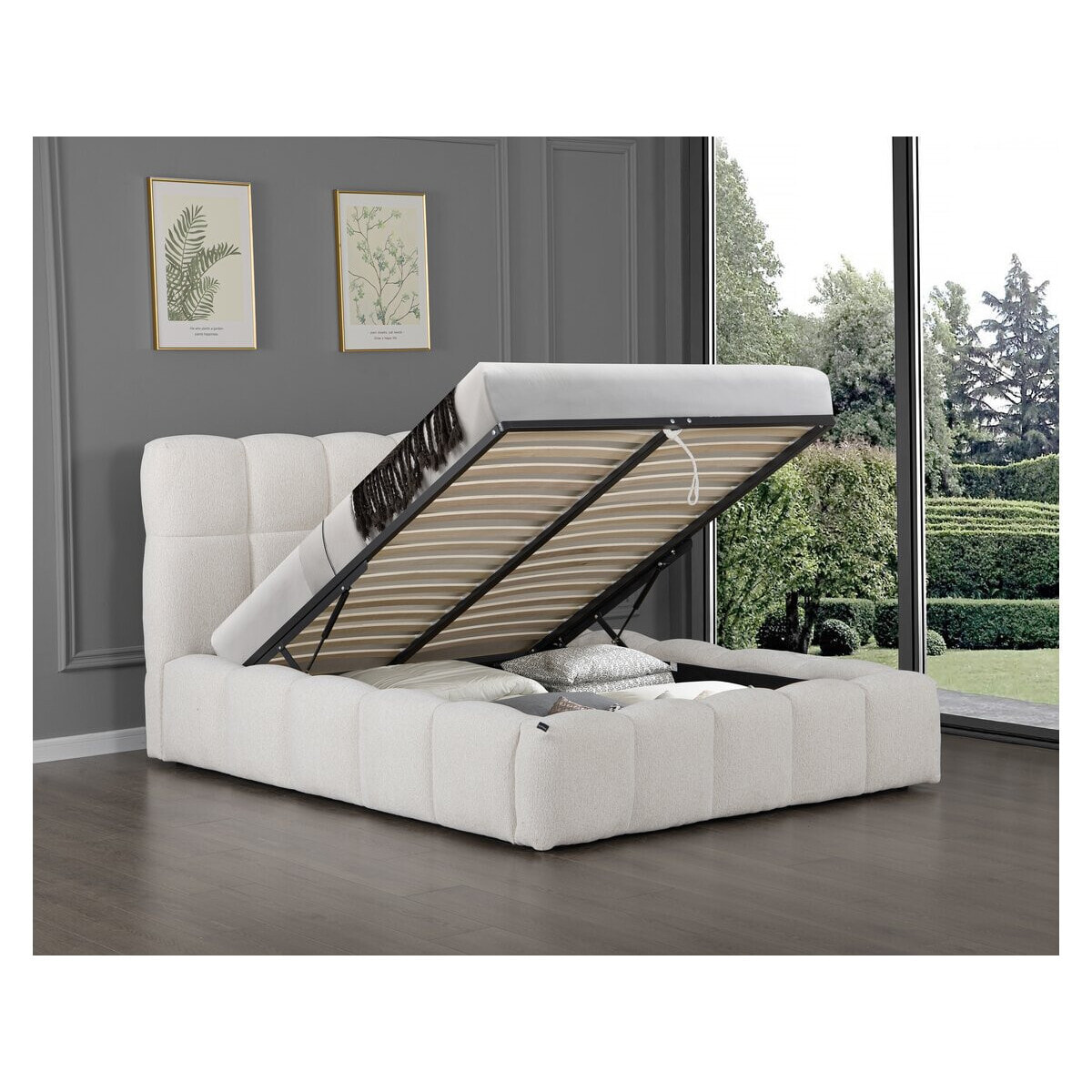 Lit double en tissu avec coffre "Davos" - 160 x 200 cm - Beige