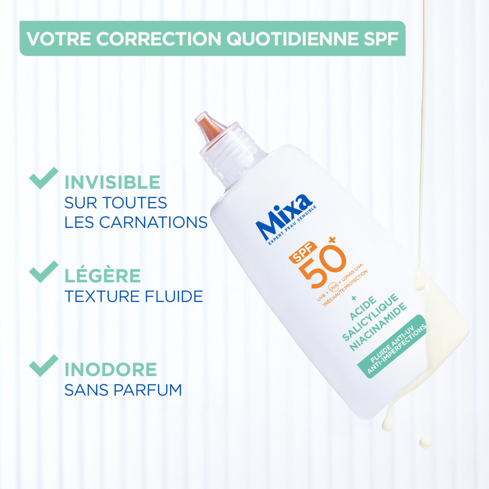 Mixa Fluide quotidien Anti-UV & Anti-Imperfections pour les peaux à imperfections, enrichi en acide salicylique et en niacinamid