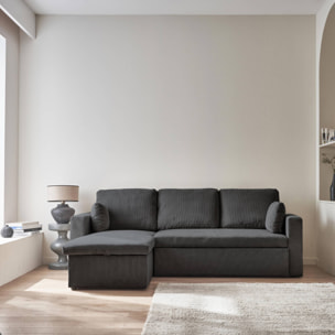 Canapé d'angle convertible en velours côtelé gris foncé  - IDA - 3 places. fauteuil d'angle réversible coffre rangement lit modulable