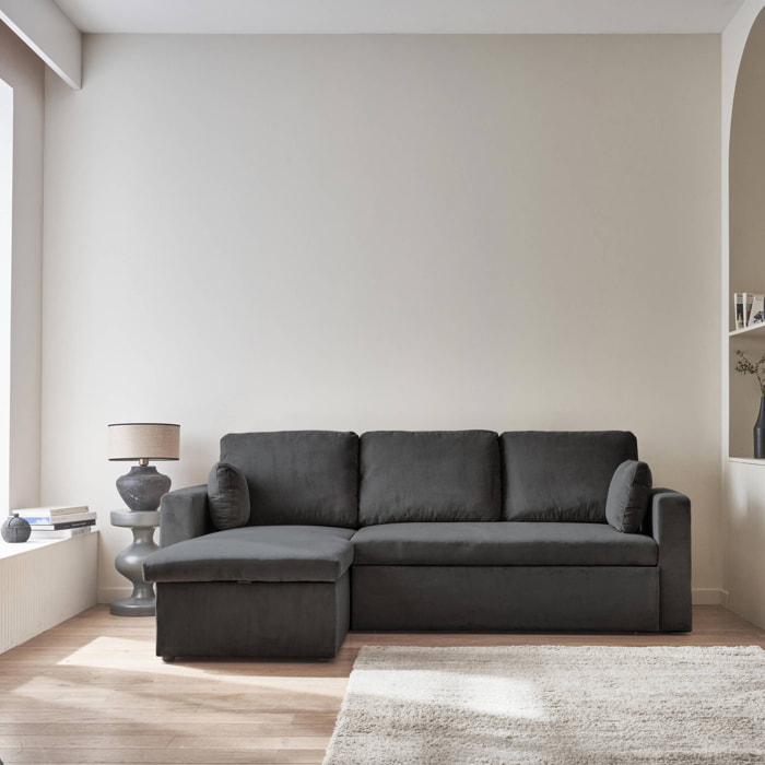 Canapé d'angle convertible en velours côtelé gris foncé  - IDA - 3 places. fauteuil d'angle réversible coffre rangement lit modulable