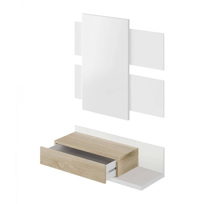 Mobile da ingresso Erie, Entratina sospesa con specchio, Mobile con cassetto per entrata, cm 75x29h90, Bianco lucido e Noce