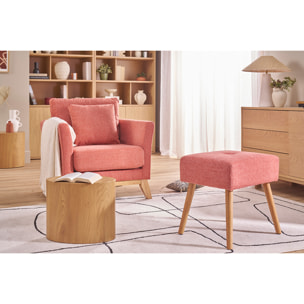Tabouret bas en tissu effet velours texturé terre brûlée et bois clair massif H46 cm GUESTA