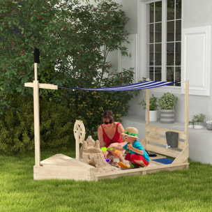 Arenero para Niños de Madera Arenero Infantil con Toldo Volante Juguetes de Cocina y Forma de Barco Pirata para Patio Jardín 180x103x144,5 cm Natural