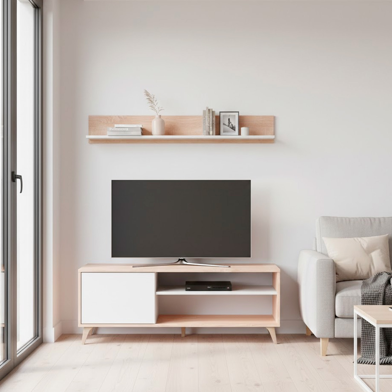 Mobile TV Con Mensola Parete Attrezzata In Stile Nordico Da 135 Cm Con Anta Push E Vani Multimediali Mobile Porta TV 135 x 50 x 40 Cm Rovere E bianco