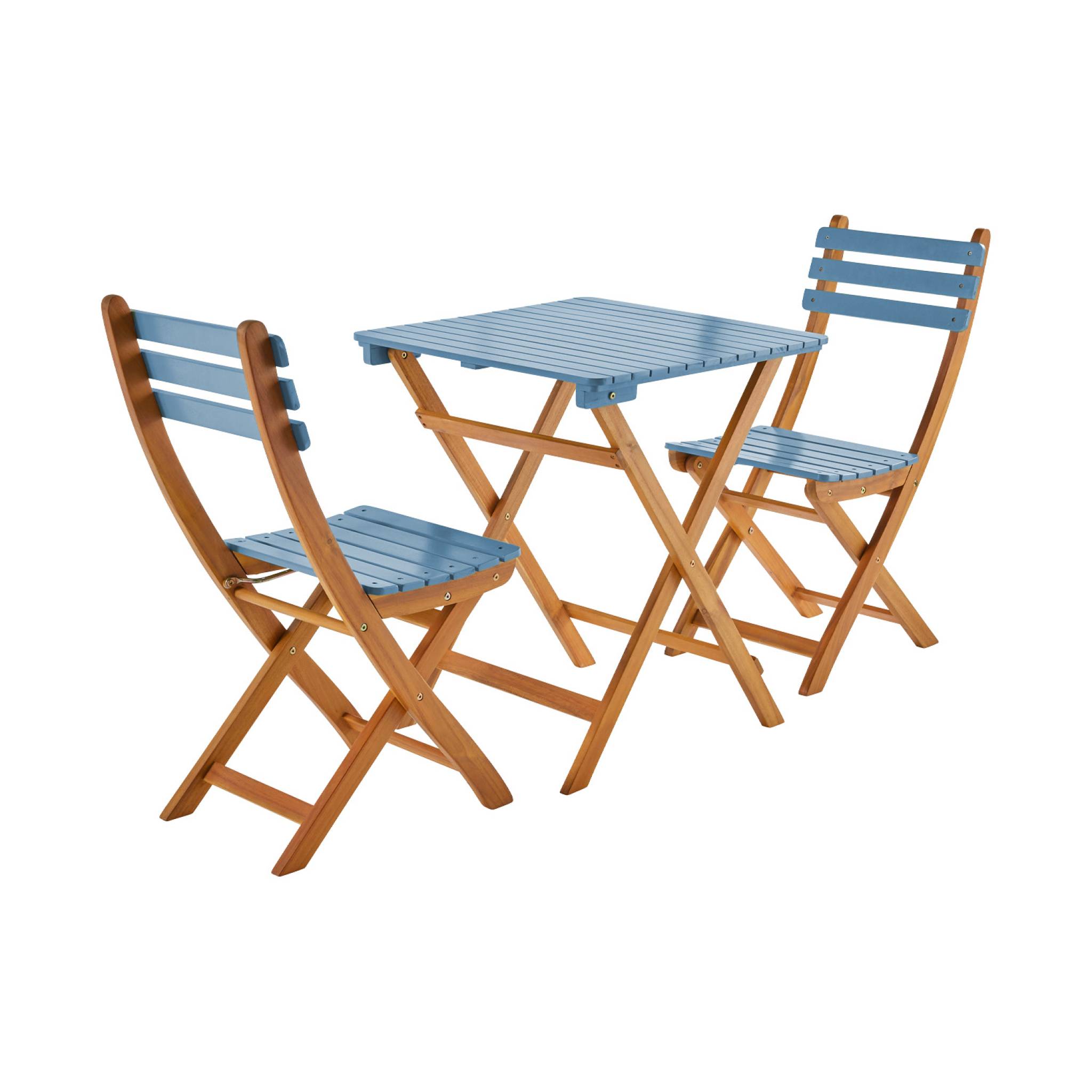 Table de jardin pliante bois d'acacia + 2 assises bleu HILORA . table carrée
