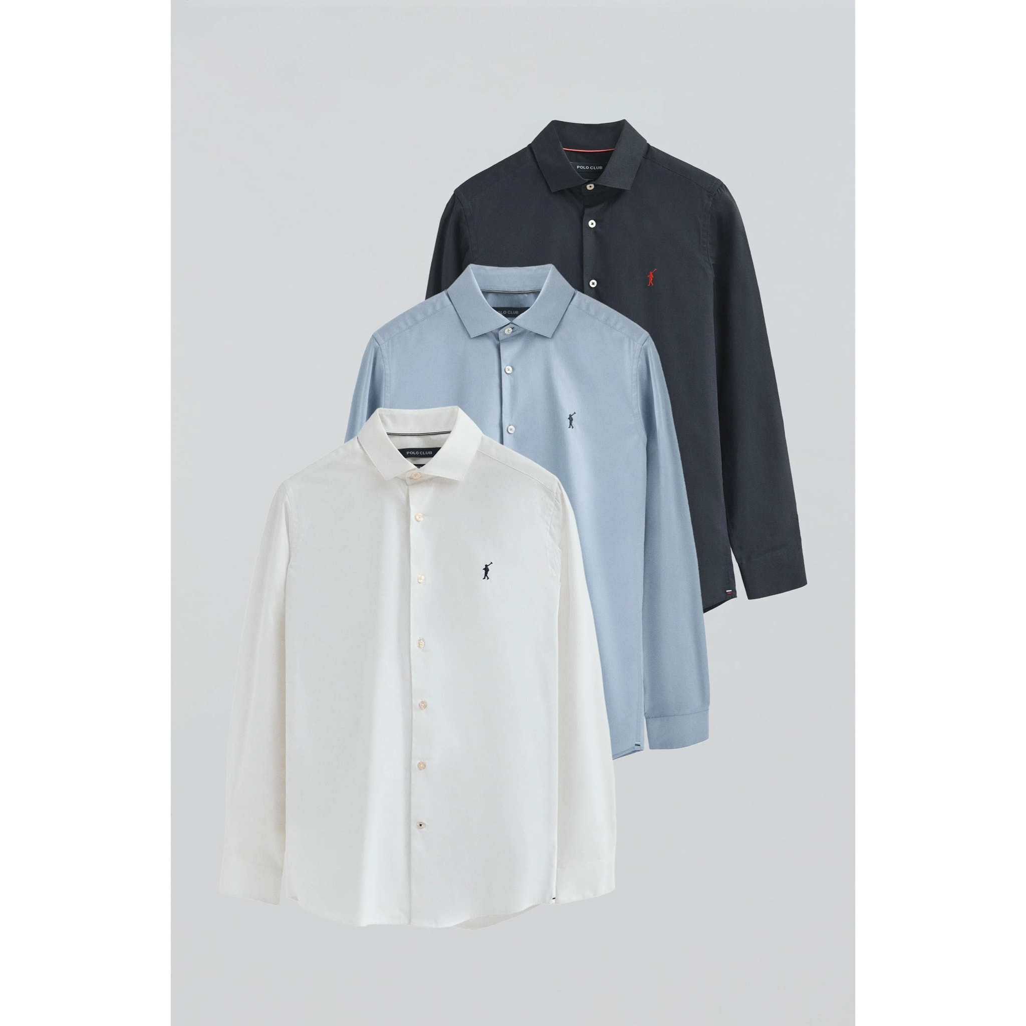 Pack hombre de tres camisas blanca azul marino y azul celeste de poplin y corte slim con logo Rigby Go