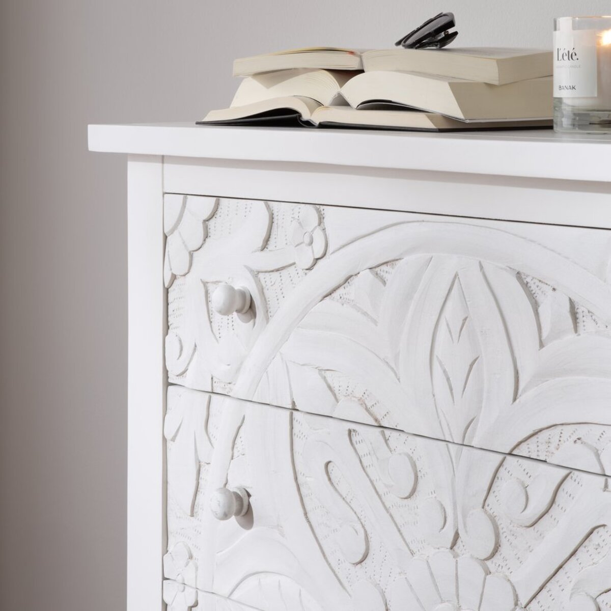 Commode Indira -bois massif de manguier-couleur blanc brossé 100 x 95 x 40 cm