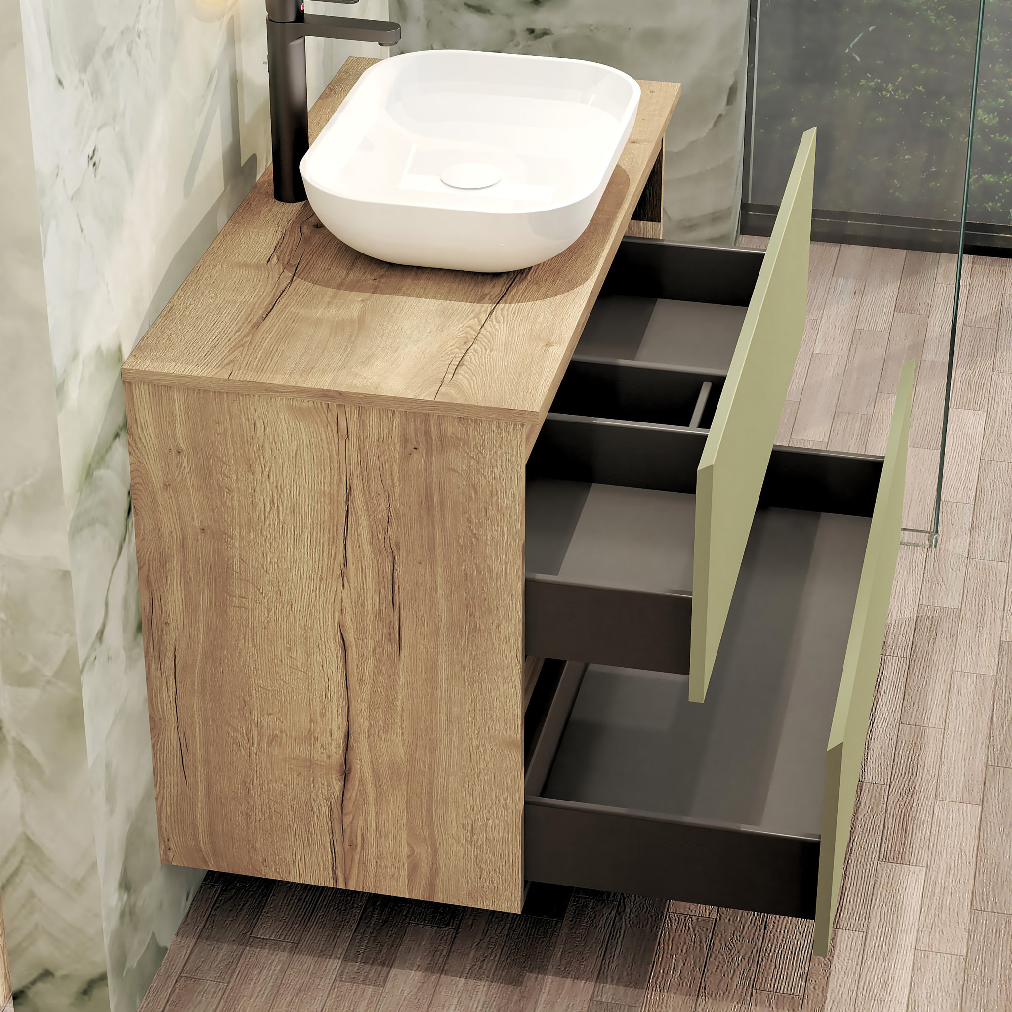 Conjunto de Baño Nia | Mueble Suspendido | 90 cm Verde | Dos Cajones | Lavabo Sobrepuesto | No incluye Espejo | Mueble Montado| Alday