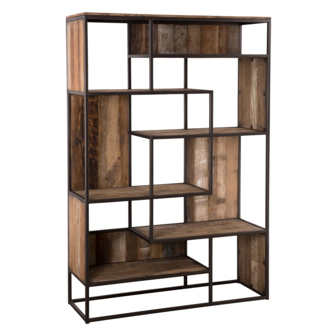 SIXTINE - Bibliothèque marron 6 niveaux 6 open space Teck recyclé Acacia Mahogany recyclé et métal