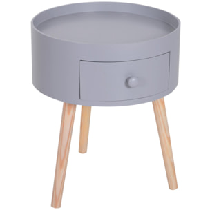 Chevet table de nuit ronde design scandinave tiroir bicolore pieds effilés inclinés bois massif chêne clair gris