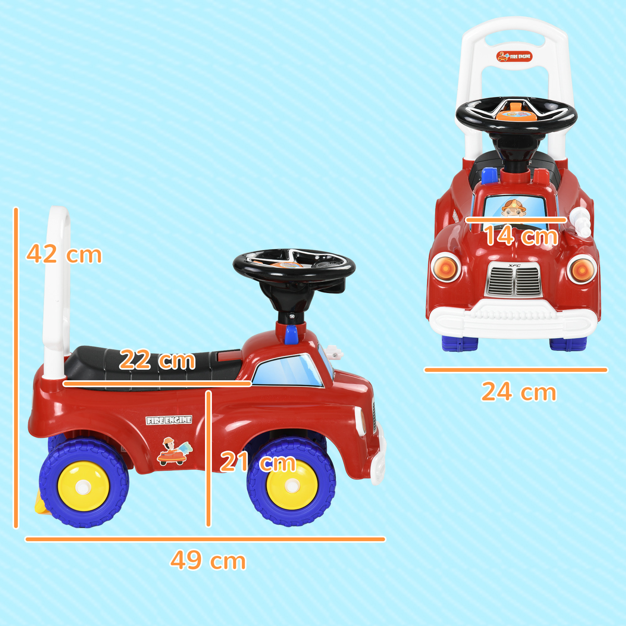 Coche Correpasillos para Niños de 18-36 Meses, Diseño de Camión de Bomberos, Correpasillos con 3 Luces, Música, Compartimento de Almacenaje y Volante, 49x24x42 cm, Rojo