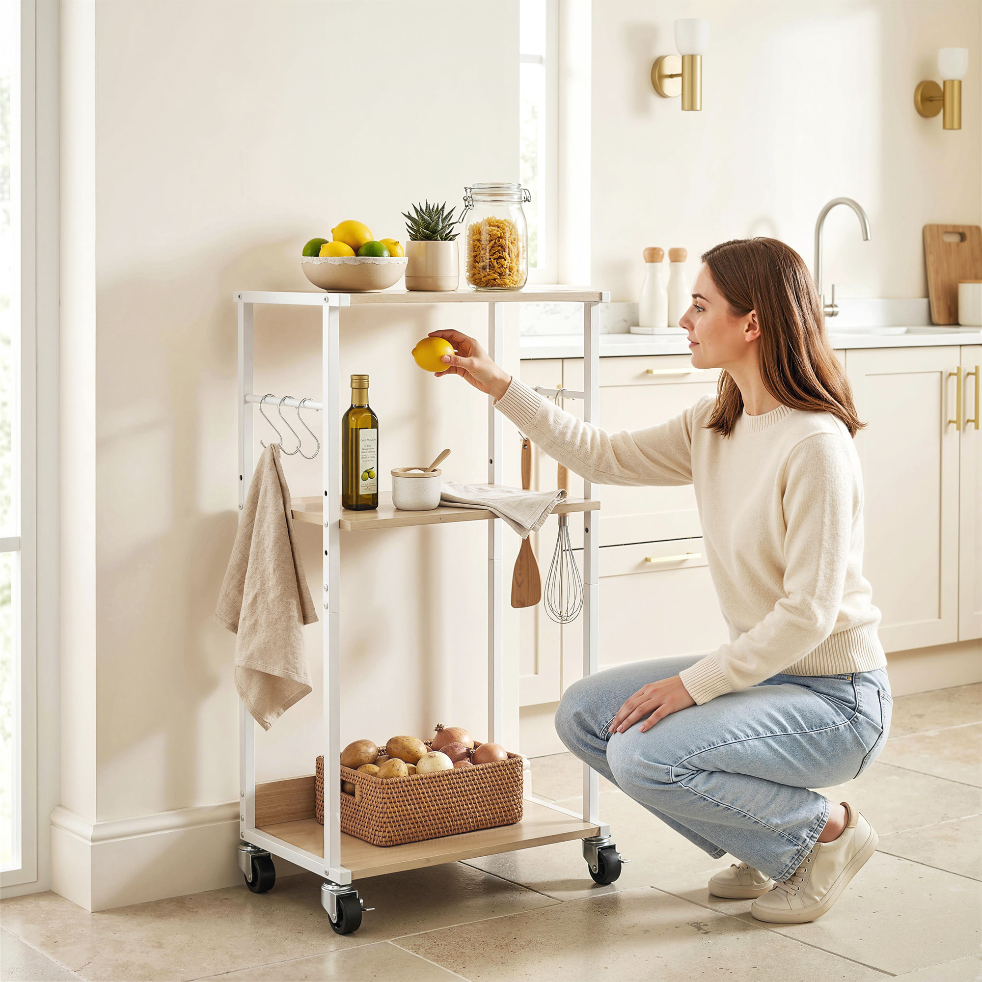 Soporte para Impresora de 3 Niveles con Ruedas, Mueble para Impresora con Ganchos y Marco Metálico, Estantería Multiusos para Oficina, Casa, Escuela, Madera Natural