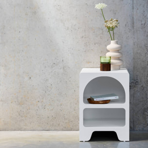 Table de chevet organique effet bois blanc. plusieurs niches 2 compartiments de rangement