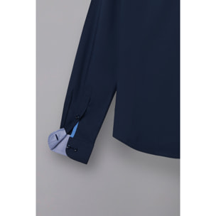 Camicia Uomo 1 Bottone Francese Slim Popeline Stretch Unito Blu