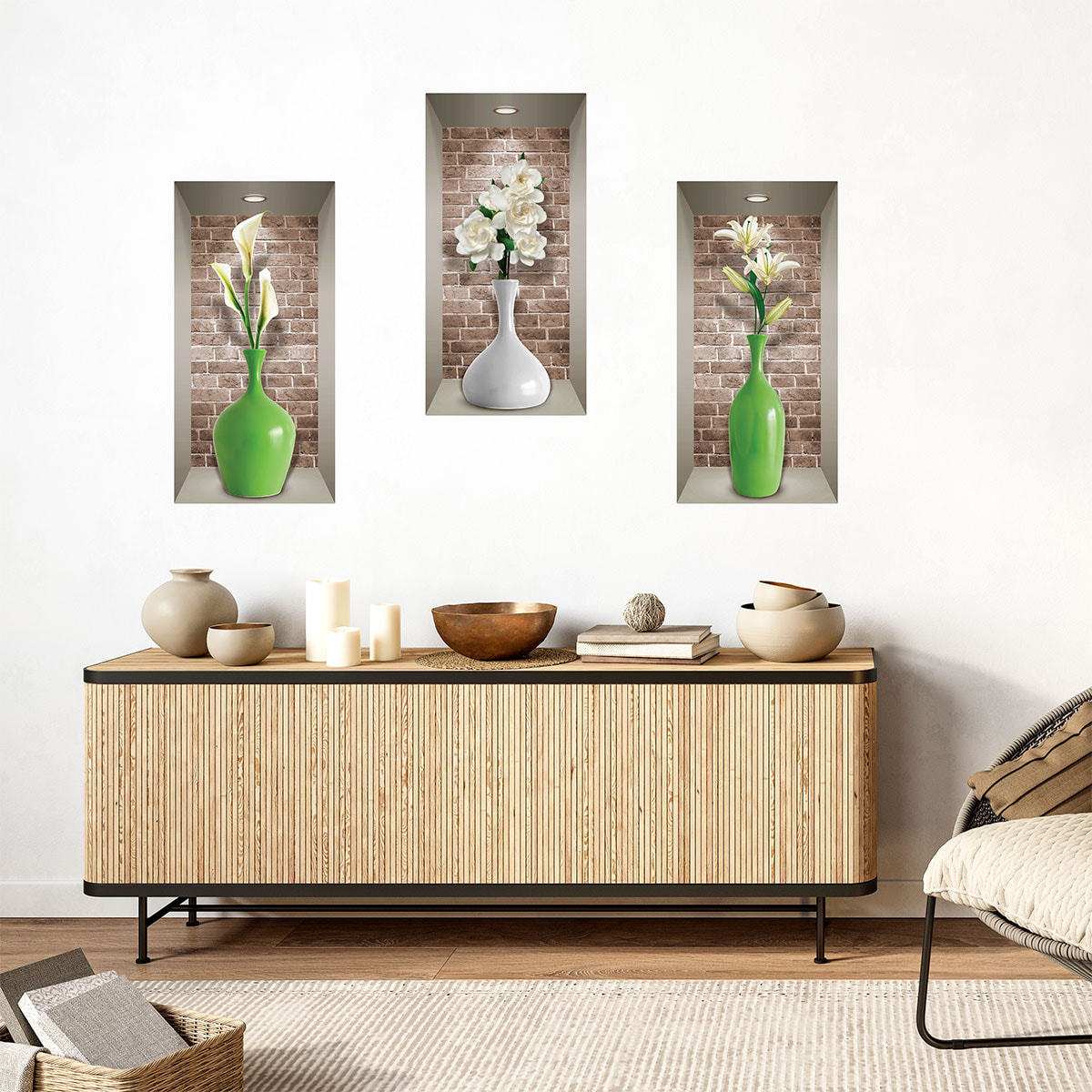 Stickers muraux 3D | Sticker Mural Autocollant effet 3D vases et fleurs blanches - Stickers adhésifs 3D Chambre Salon Trompe l'oeil