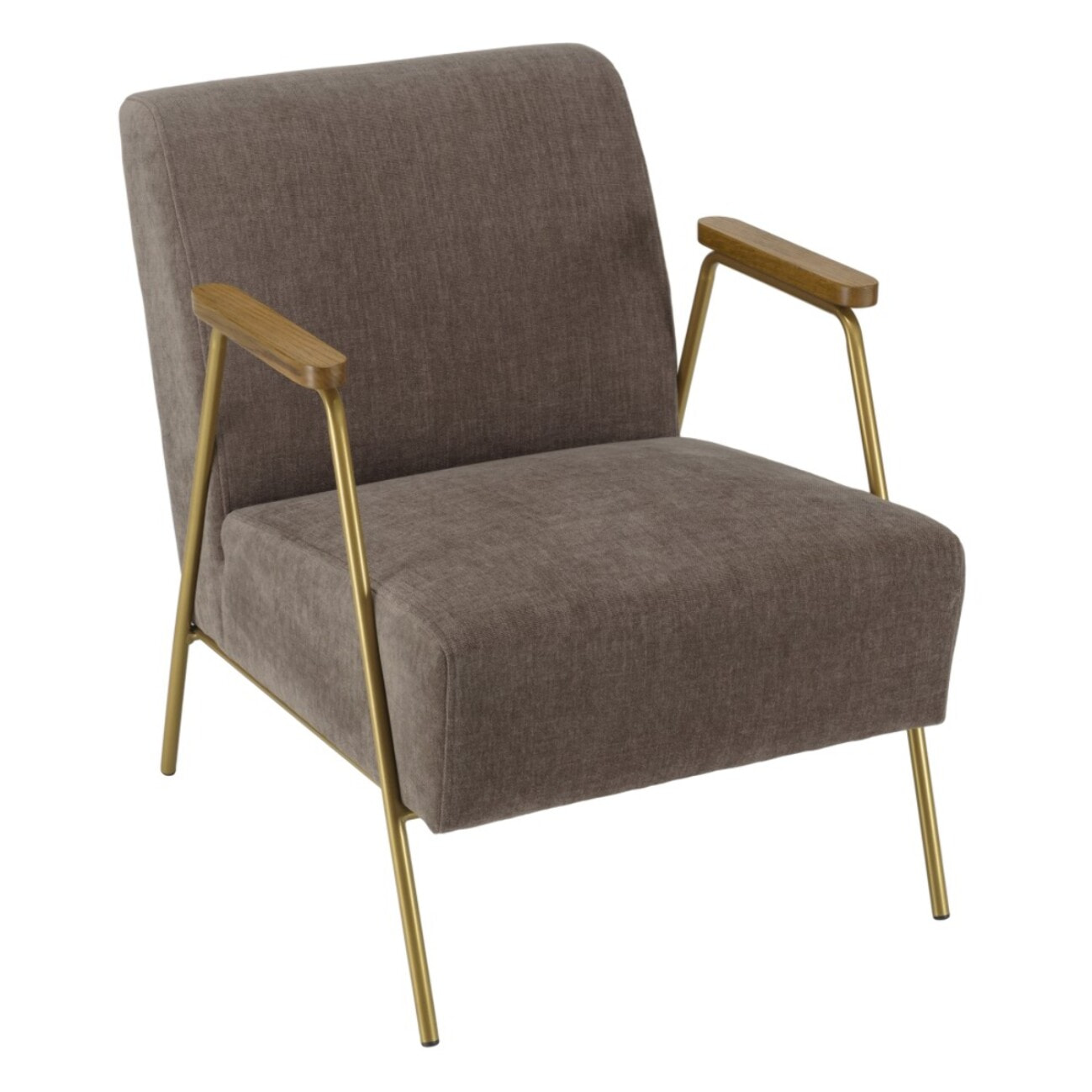 AGATHE - Fauteuil lounge tissu taupe métal doré accoudoirs bois