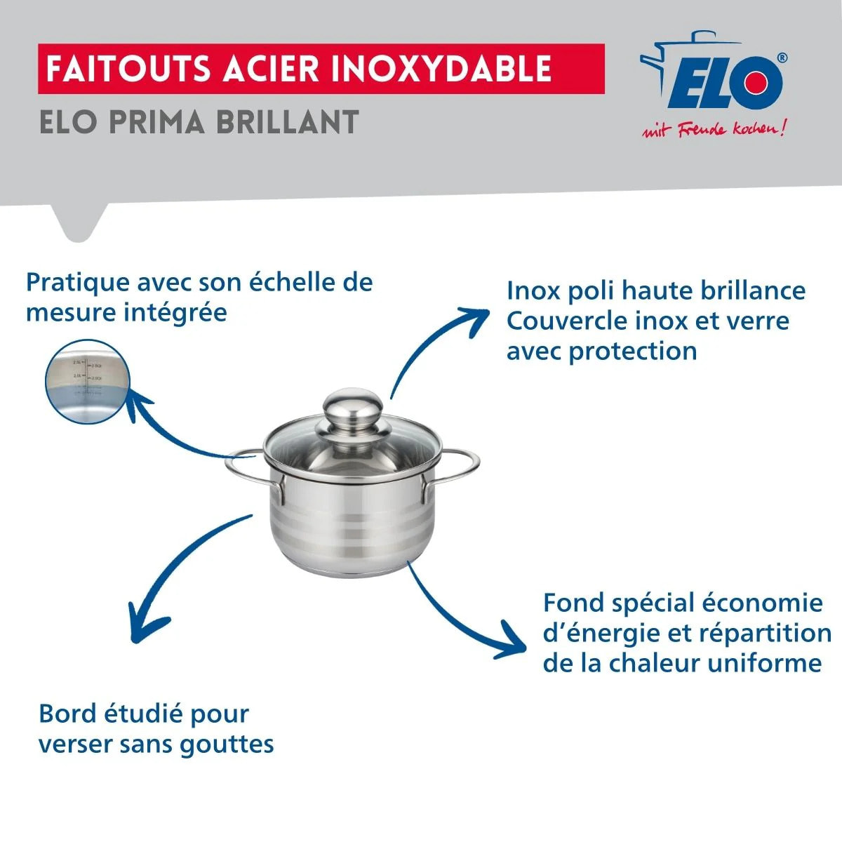 Ensemble de 3 Poêles de cuisson 20, 28 et 32 cm et 1 faitout 16 cm Elo Prima Brillant