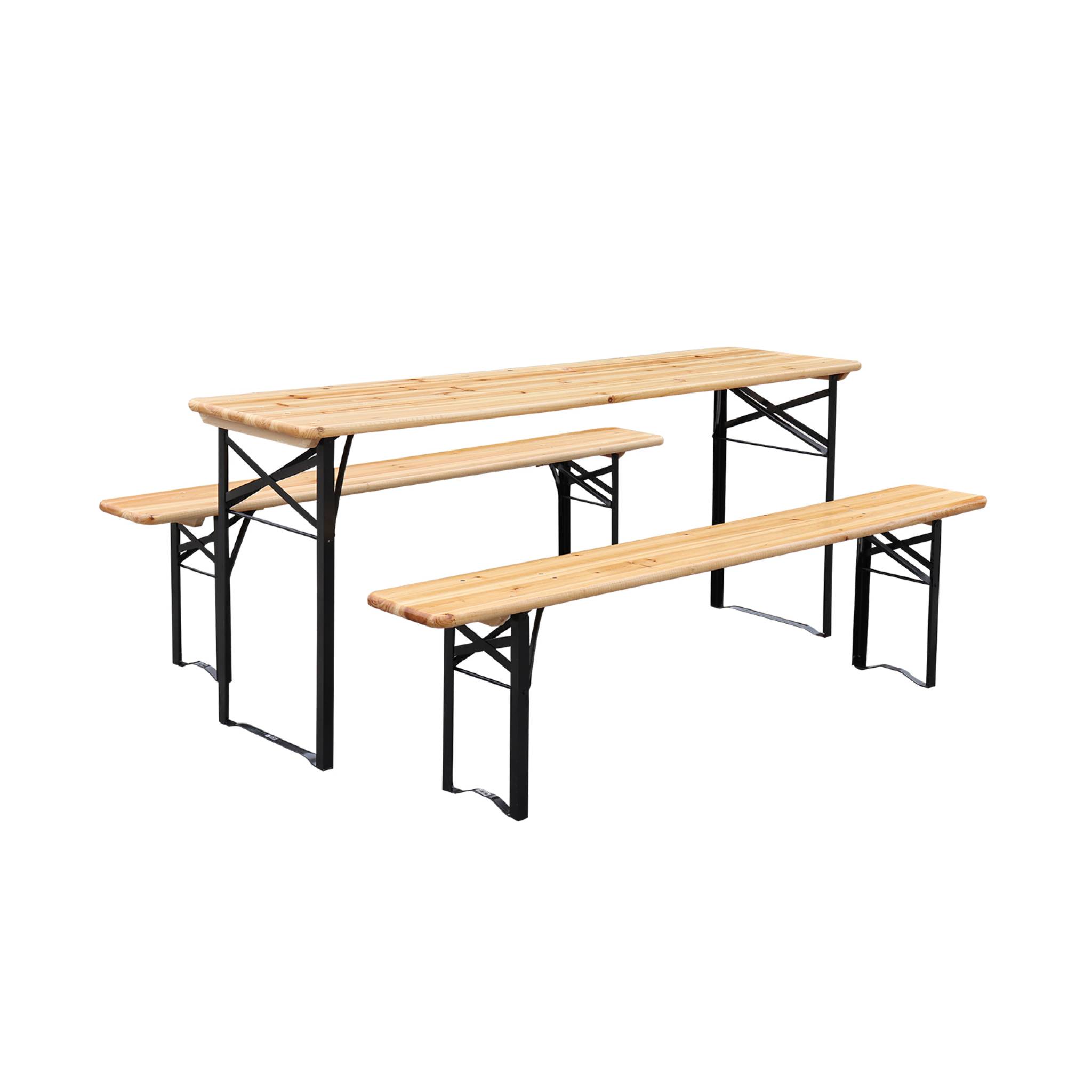 Lot de 2 tables de réception pliantes bois de sapin 2 bancs naturel Bayonne esprit brasserie 12 places