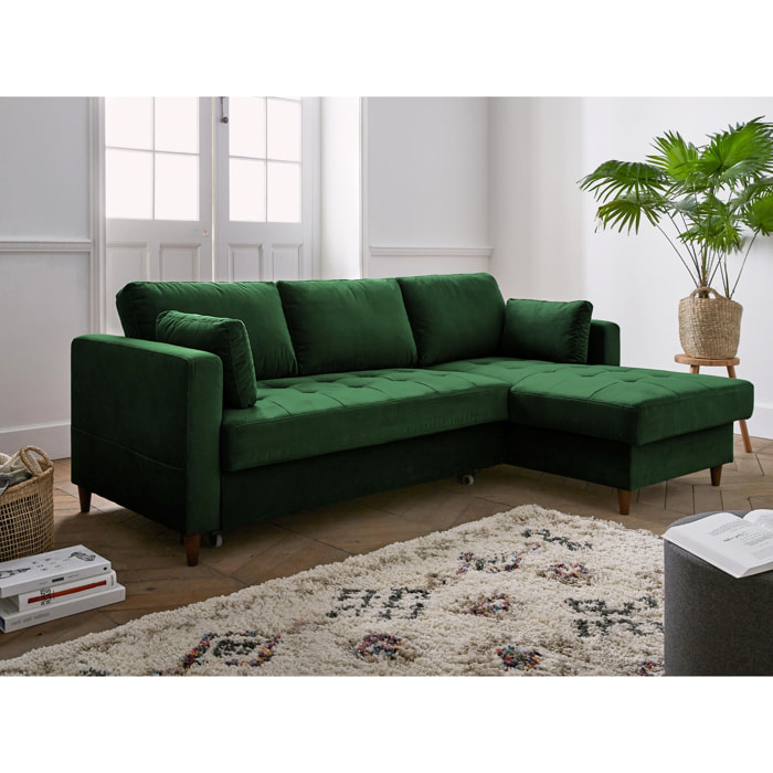 Anna - canapé d'angle droit - 4 places - convertible avec coffre - en velours - Vert
