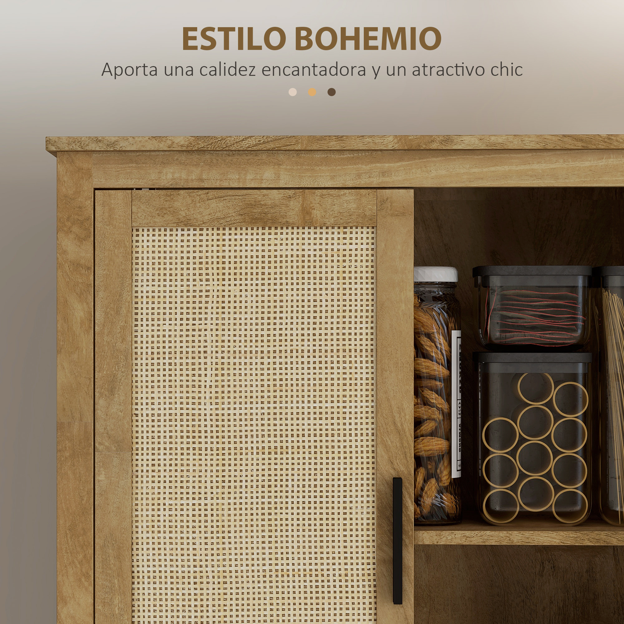 Alacena de Cocina, Mueble Auxiliar de Cocina Alta, con 4 Puertas de Ratán y Estantes Ajustables, Estilo Bohemio, Natural, 80x33x162,6 cm