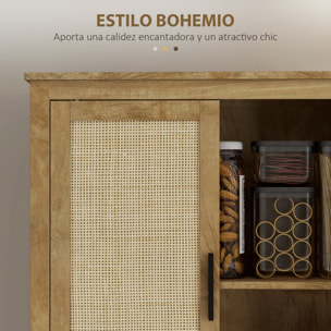 Alacena de Cocina, Mueble Auxiliar de Cocina Alta, con 4 Puertas de Ratán y Estantes Ajustables, Estilo Bohemio, Natural, 80x33x162,6 cm