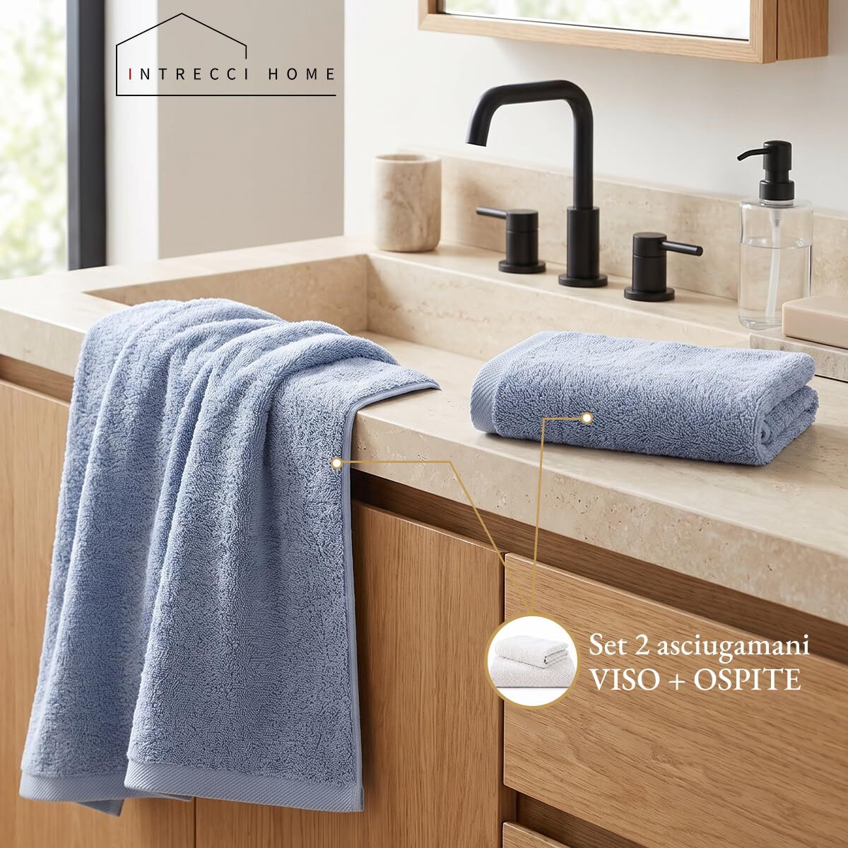 INTRECCI HOME Set Bagno Asciugamani Viso e Ospite, in Puro Cotone 500 g, Morbidezza Extra, Assorbenza Superiore