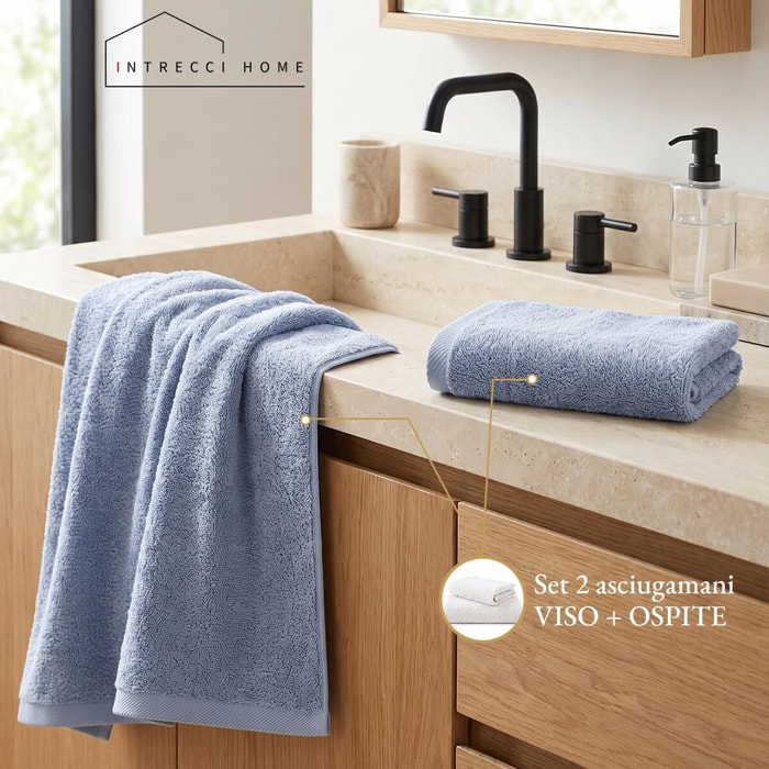 INTRECCI HOME Set Bagno Asciugamani Viso e Ospite, in Puro Cotone 500 g, Morbidezza Extra, Assorbenza Superiore