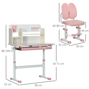 Juego de Escritorio y Silla para Niños de +3 Años Pupitre Infantil Altura Ajustable con 1 Cajón 1 Estante para Libros y Tablero de Mesa Inclinable 80x52x88-109 cm Rosa y Blanco